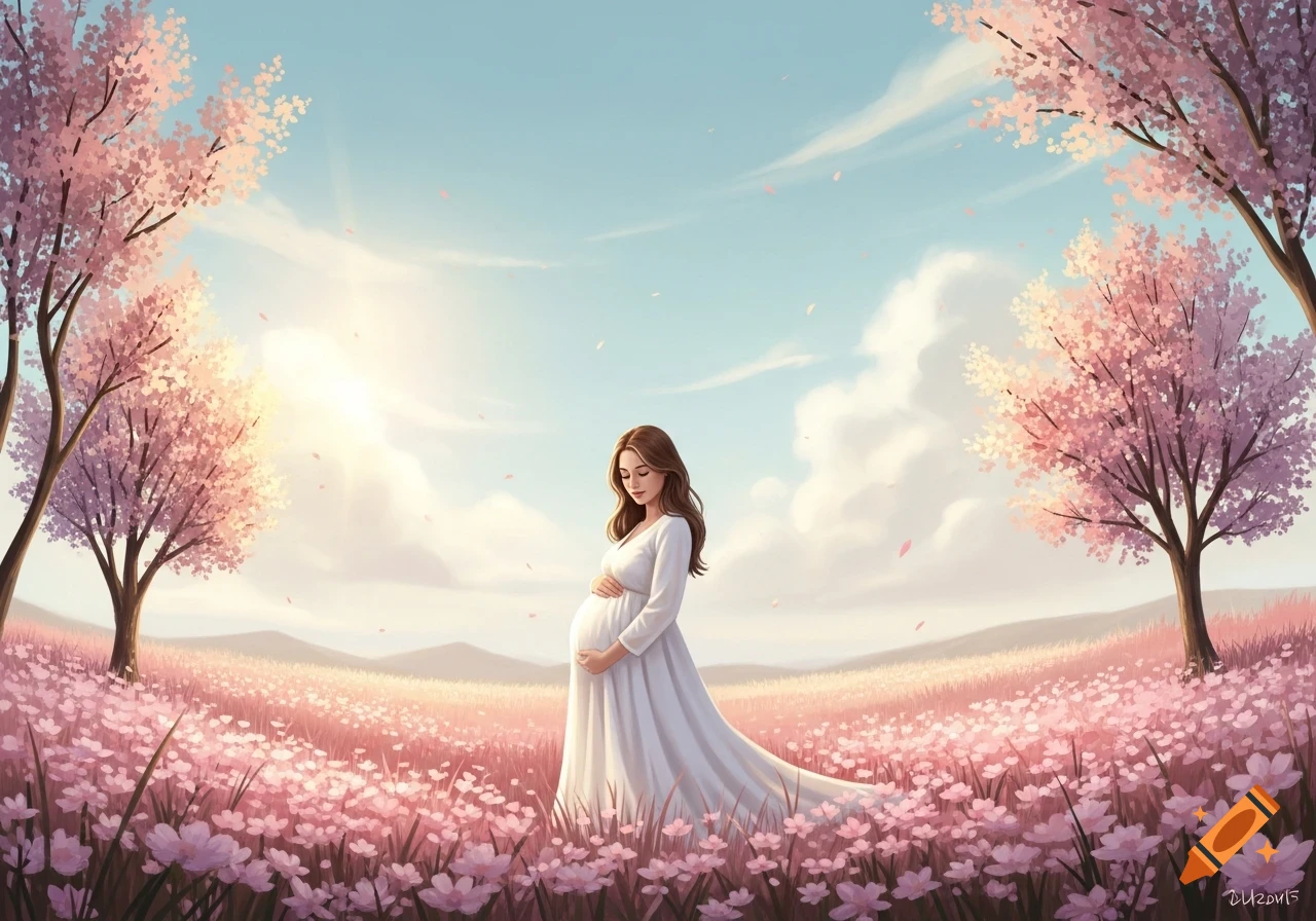 Illustrated pregnant woman in a white dress standing in a field of pink flowers under cherry blossom trees with a sunny sky.