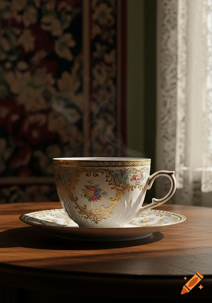 A steaming, ornate teacup and saucer on a wooden table, with a blurry patterned background.