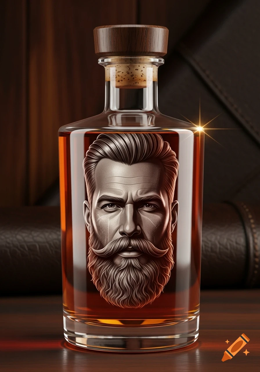 A clear glass bottle of amber spirit features a stylized illustration of a stern bearded man's face within the liquid, topped with a cork and wooden cap, set against a dark, warm background.