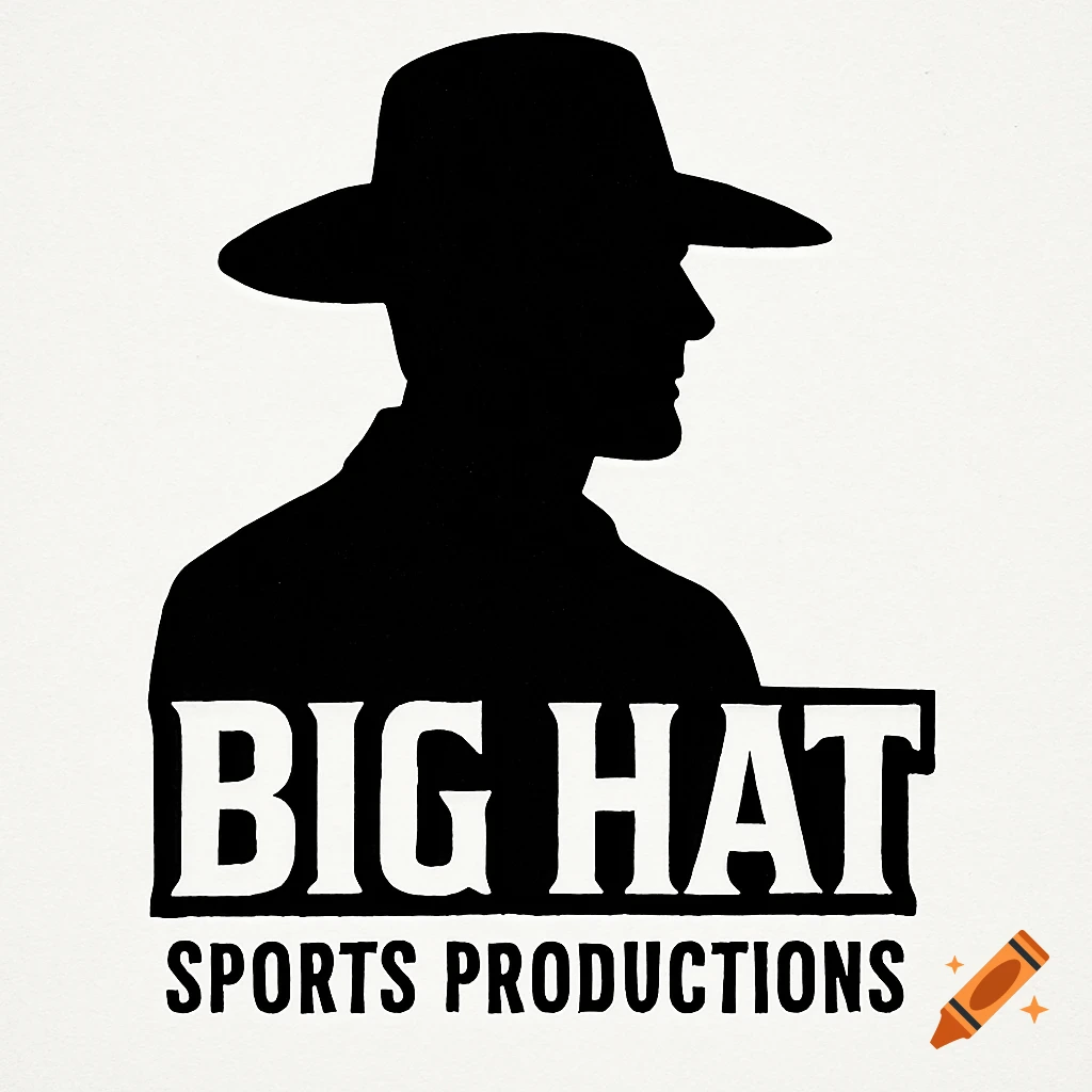 Black and white silhouette of a man in a wide-brimmed hat above "BIG HAT SPORTS PRODUCTIONS" text.