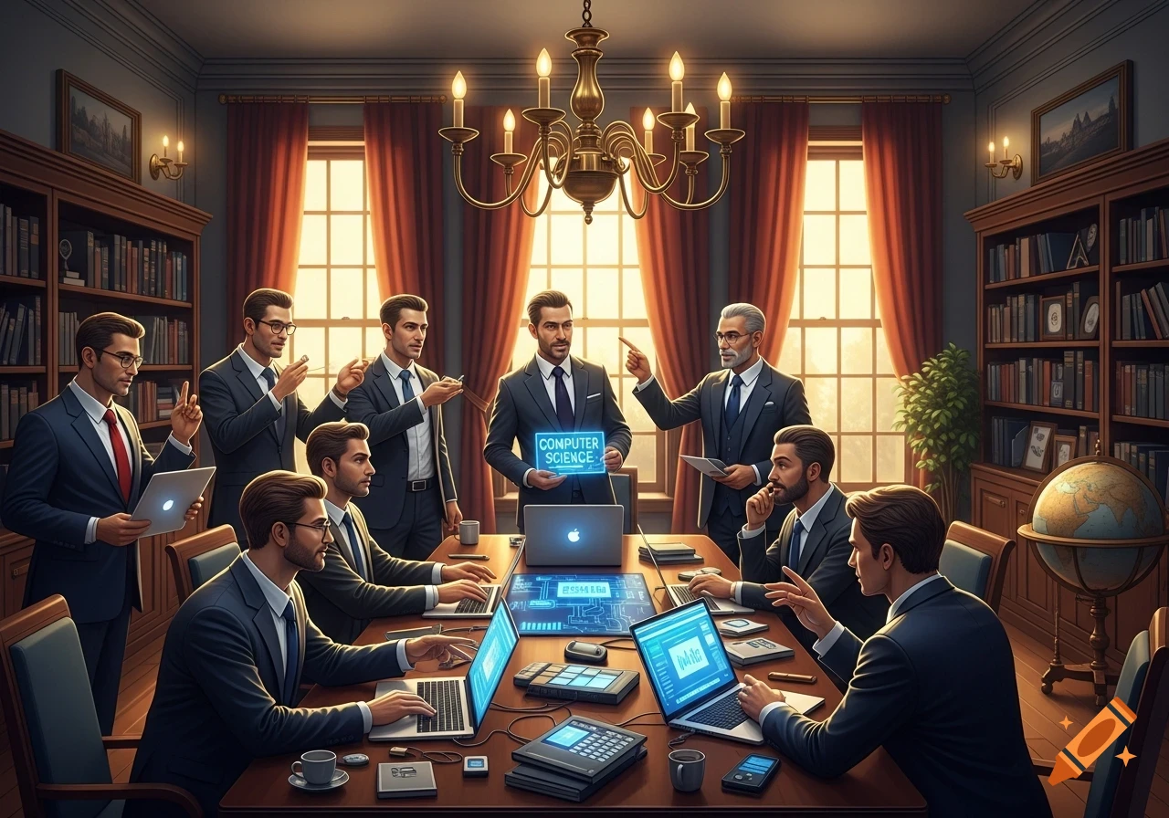 A group of gentlemen in suits gathered around a large wooden table, some working on laptops with glowing interfaces, and one holding a glowing sign that reads 'COMPUTER SCIENCE' in a richly decorated room.