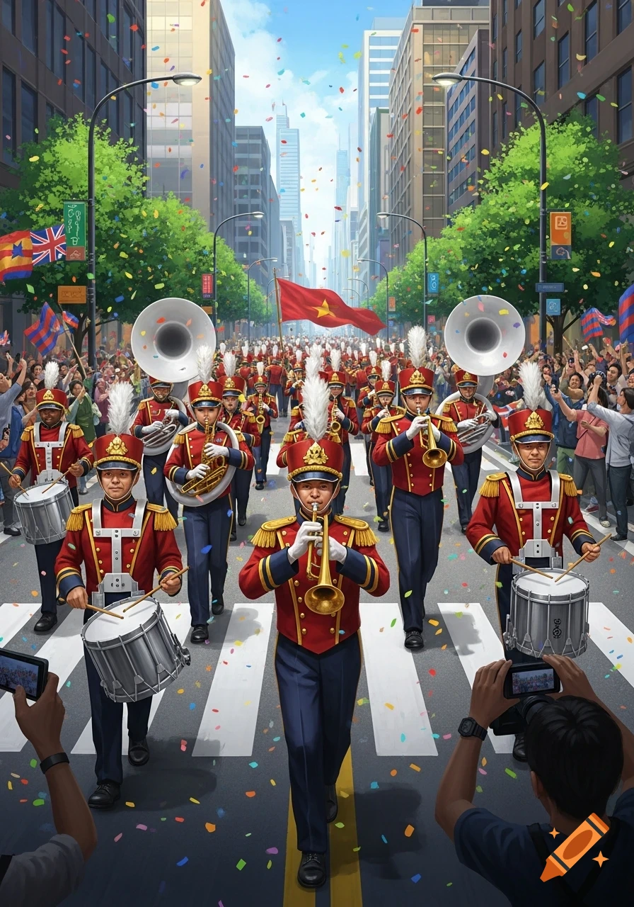 An overhead view of a marching band in red and blue uniforms parading down a city street, with confetti falling and a crowd watching. A large red flag with a yellow star is carried by the band.