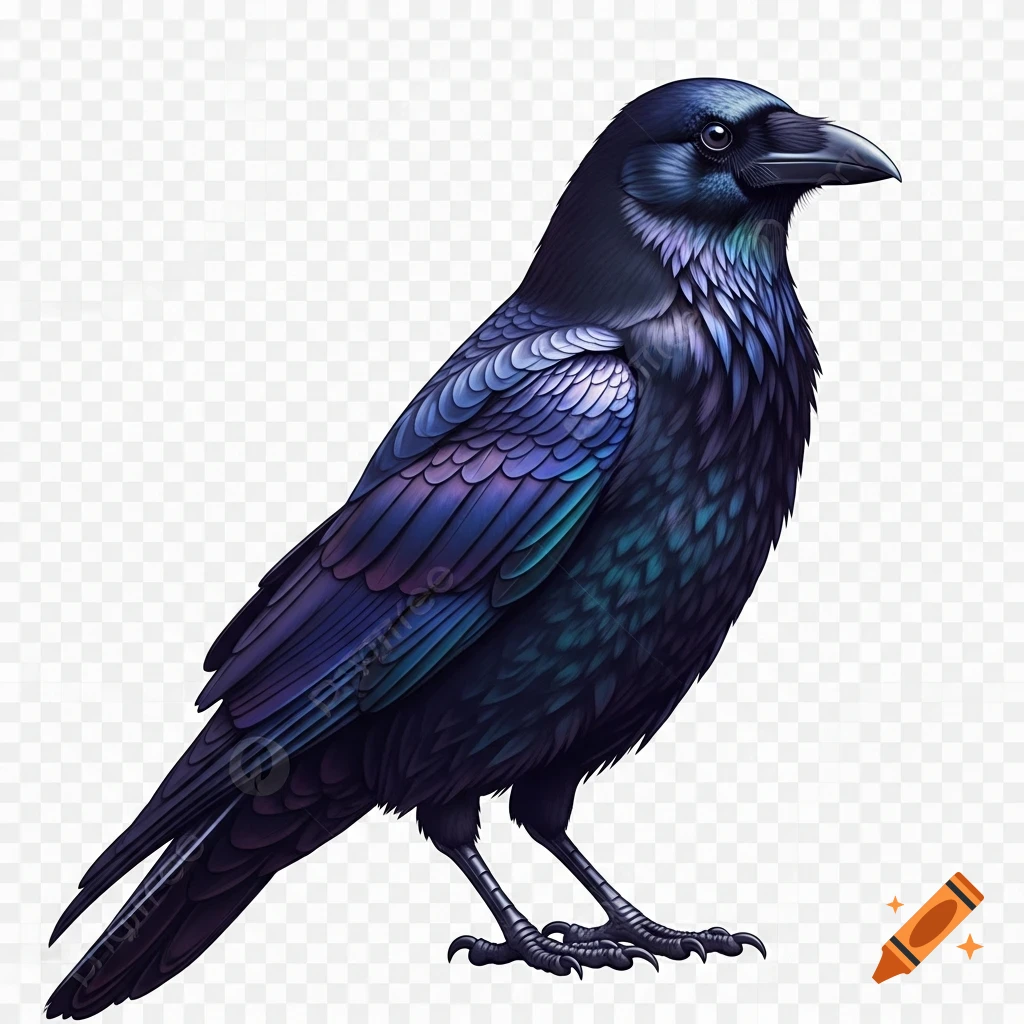 Stylized crow with iridescent blue and purple feathers against a transparent background.
