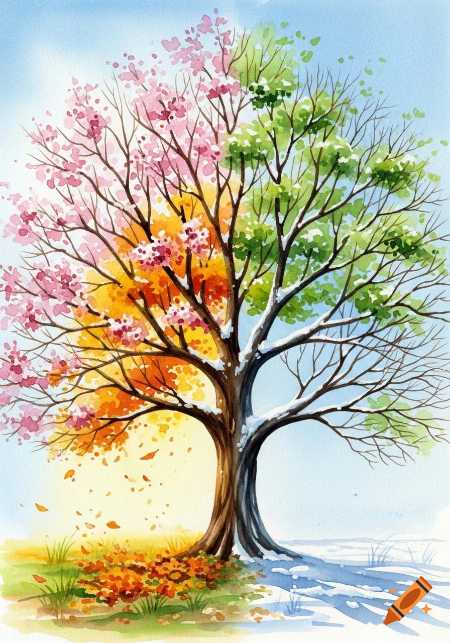Watercolor illustration of a tree representing four seasons: spring blossoms, summer leaves, autumn foliage, and winter snow.