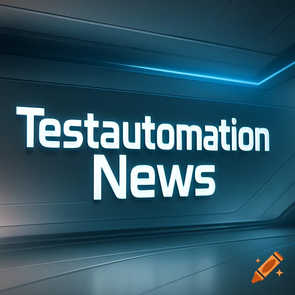 Glowing white text reads "Testautomation News" on a dark, futuristic wall with a blue neon light.