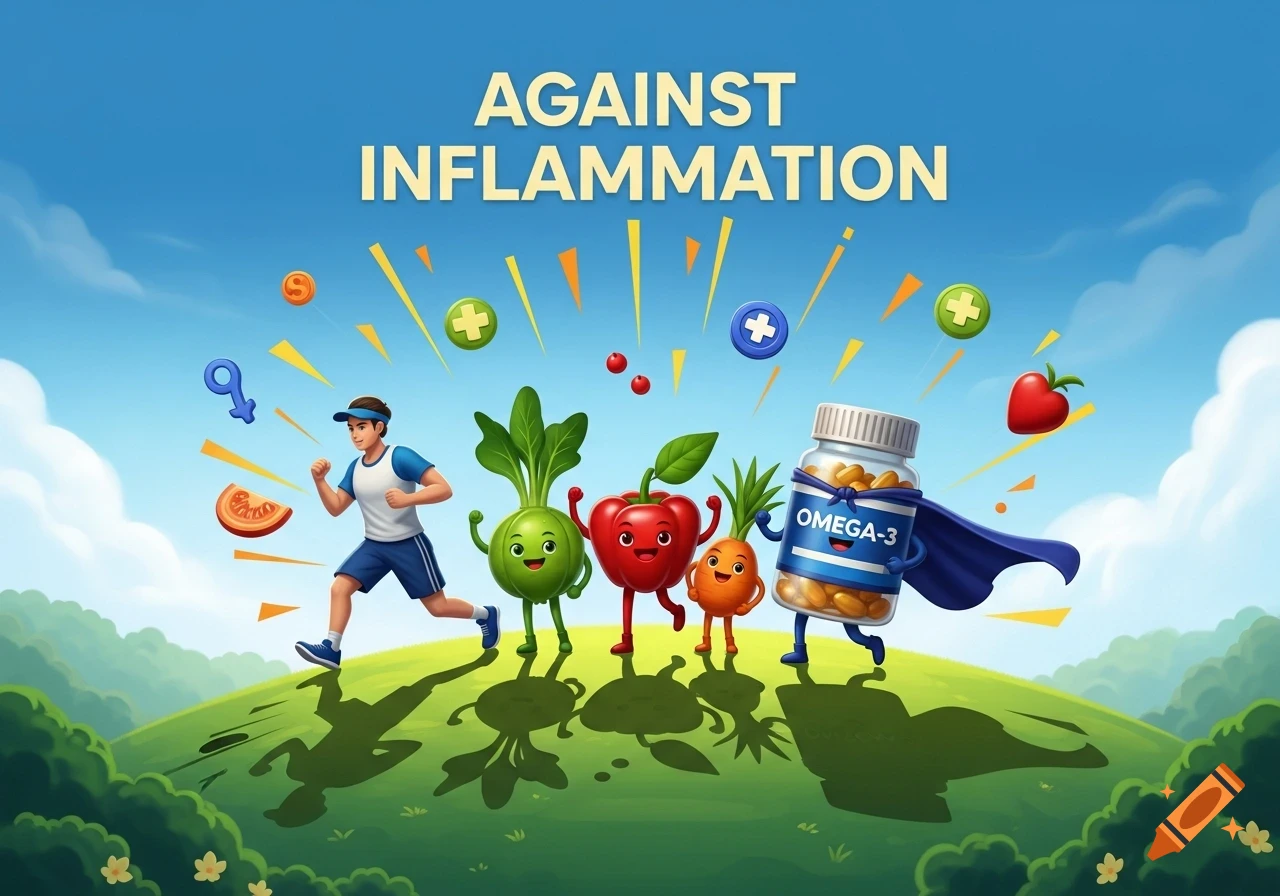 Cartoon of a person running with animated vegetables and an Omega-3 supplement bottle on a green hill under a blue sky, text reads 'Against Inflammation'.