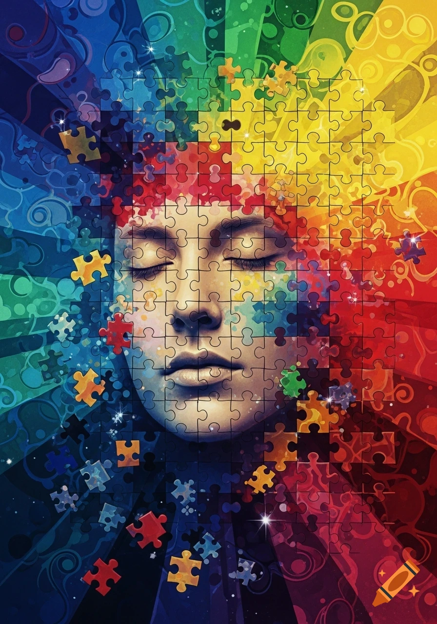 Abstract portrait of a person's face composed of vibrant, multicolored ...