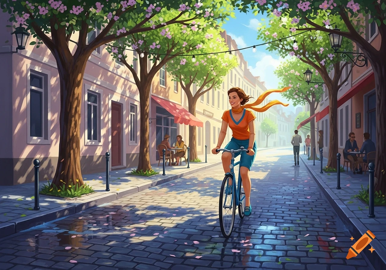 Illustrated woman on a blue bicycle rides down a sunny, tree-lined city street with cafes and other people. Vibrant art style.
