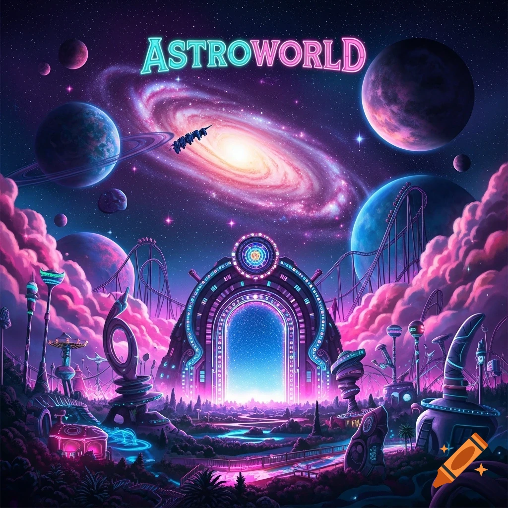 Vibrant neon-lit Astroworld theme park in space, featuring planets, a galaxy, roller coasters, and a glowing archway.