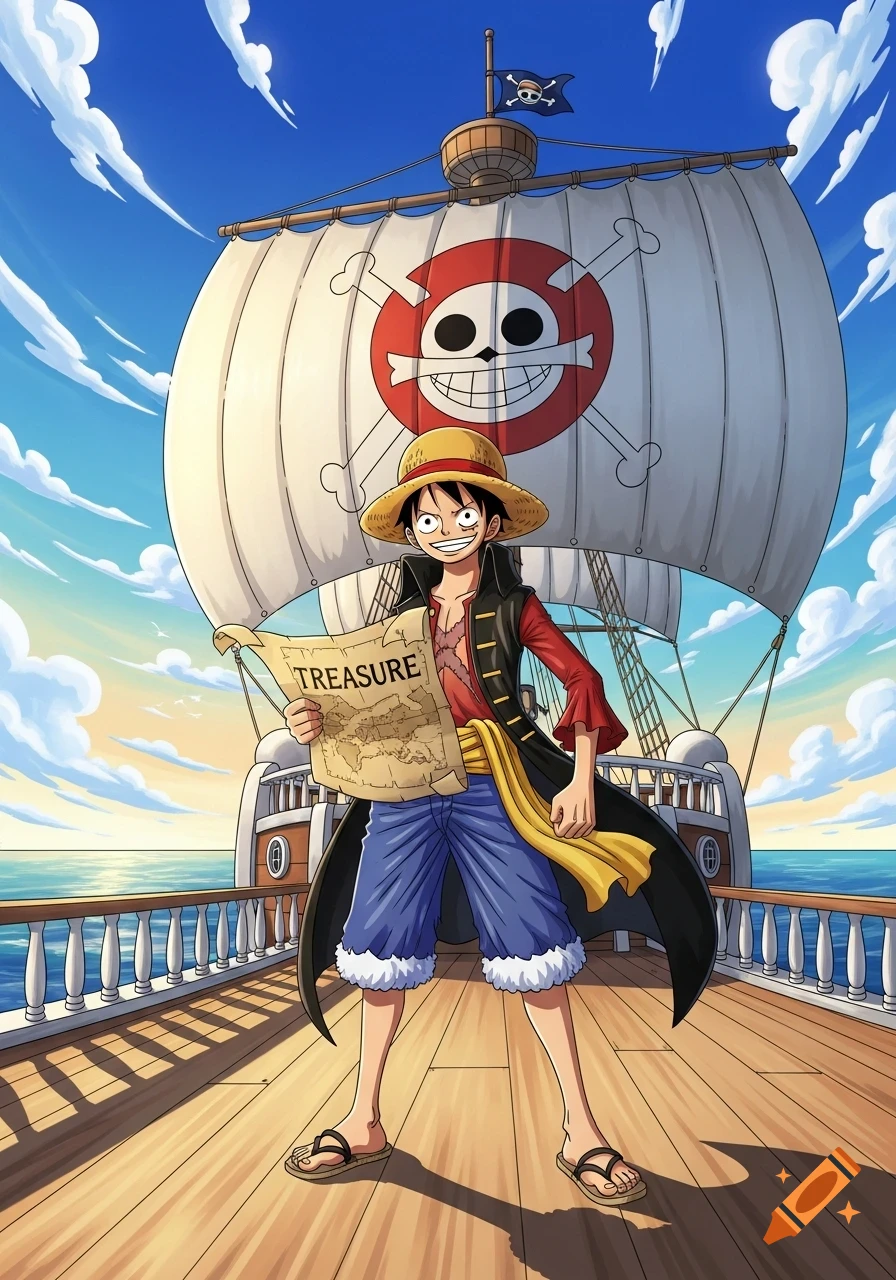 Anime character Monkey D. Luffy stands on a pirate ship holding a treasure map, with a skull and crossbones sail and flag.