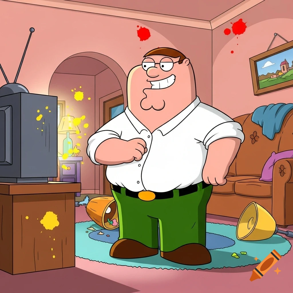 Cartoon Peter Griffin smiling in a messy living room with red and yellow splatters.