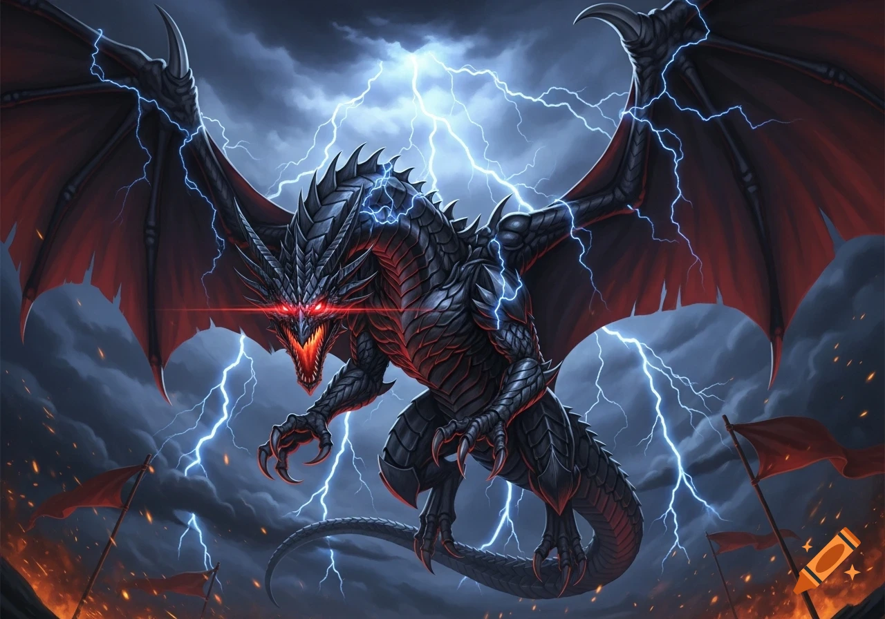 A menacing black dragon with red eyes and large wings dominates a ...