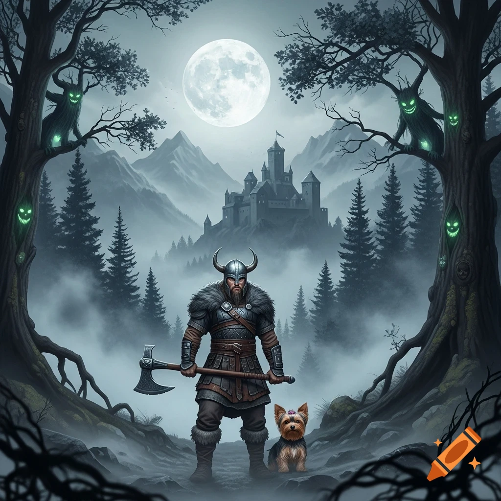 A Viking with an axe and a Yorkshire terrier stand in a misty, dark forest with spooky trees and a full moon above a distant castle.