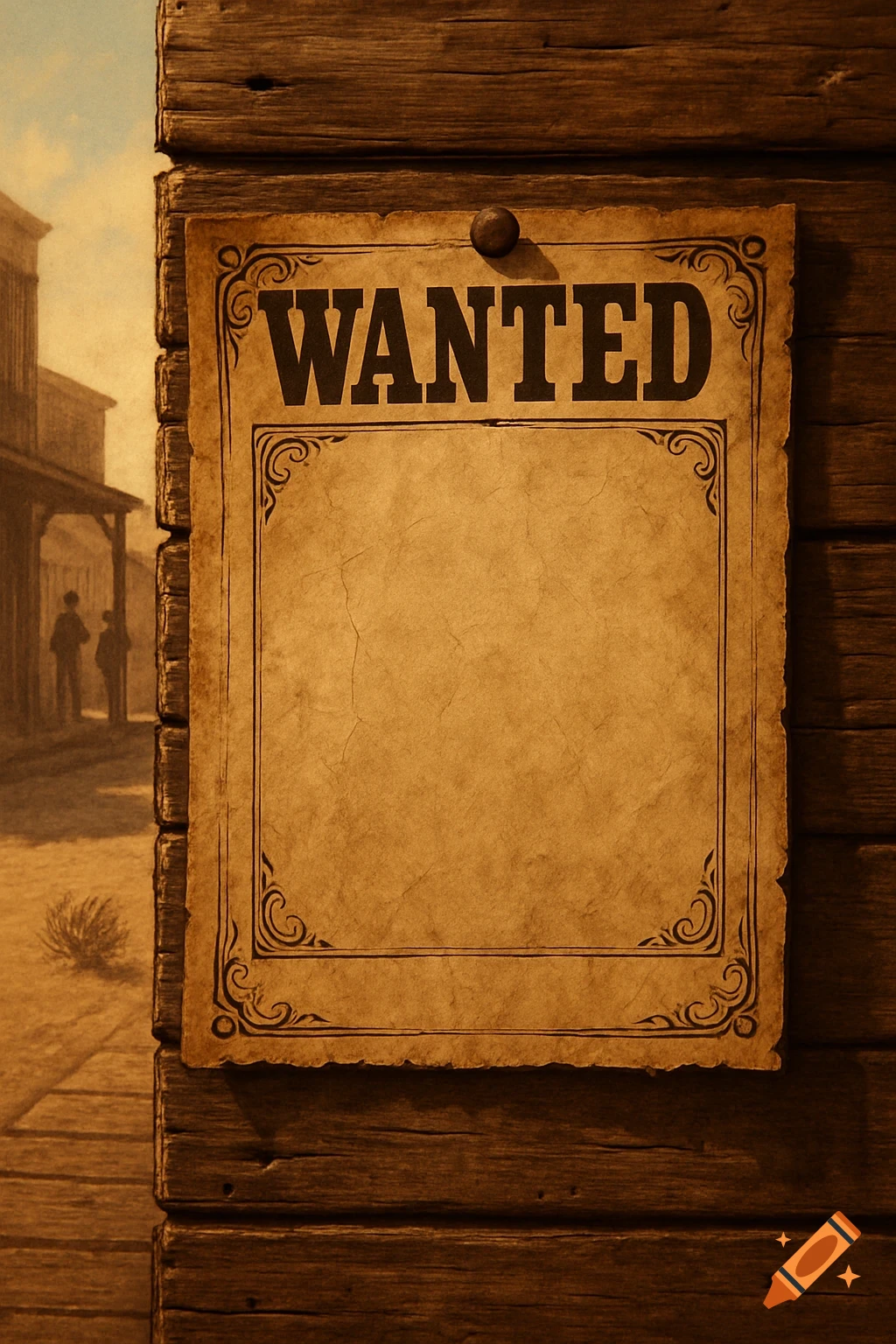 A weathered, blank "WANTED" poster tacked to a rustic wooden wall with a blurred Western town in the background.