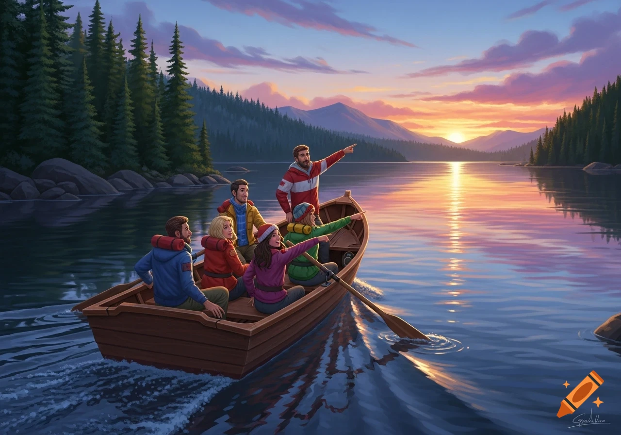 A group of friends in a boat on a calm lake, pointing towards a vibrant sunset over mountains and pine trees.