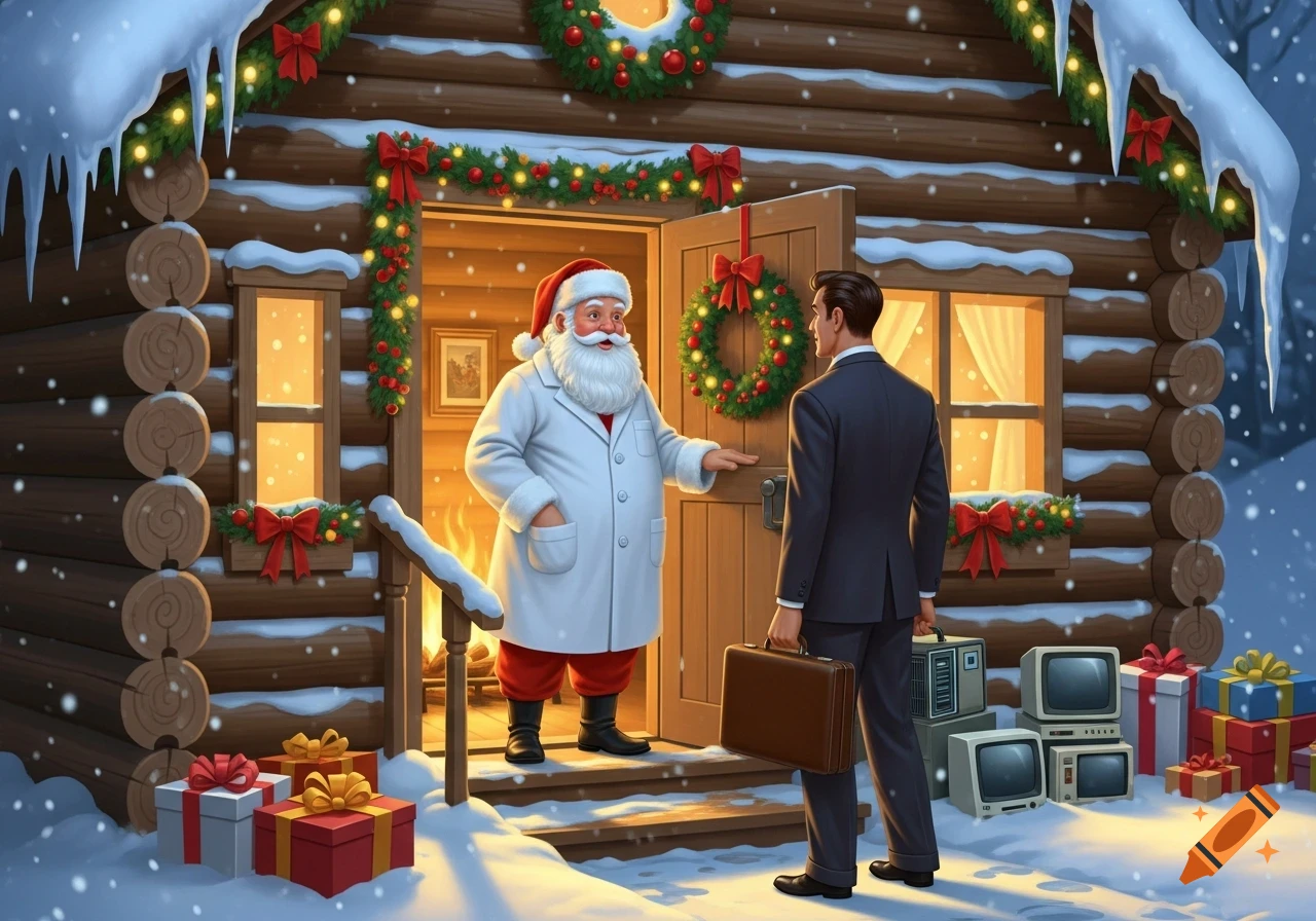 Santa in a lab coat greets a 1950s salesman with a briefcase and vintage computers at his snowy, Christmas-decorated log cabin. Storybook style.