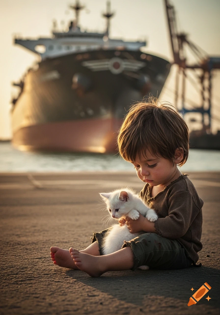 A small boy sits on the ground in a harbor, gently holding a white kitten, with a massive cargo ship in the blurred background at golden hour. Photorealistic.