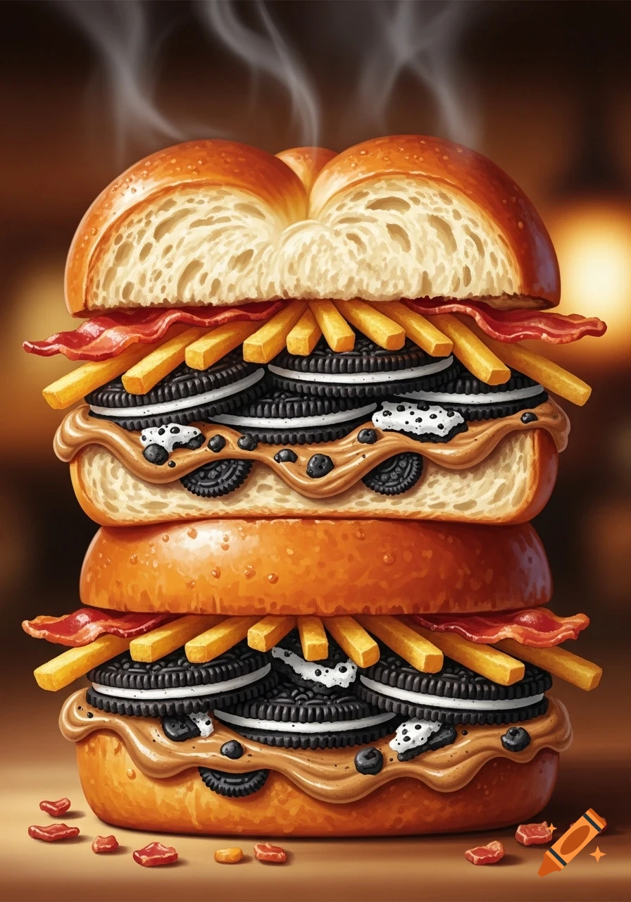 A towering, illustrative sandwich made from brioche buns, stacked with Oreo cookies, french fries, bacon, and a creamy spread, with steam rising.