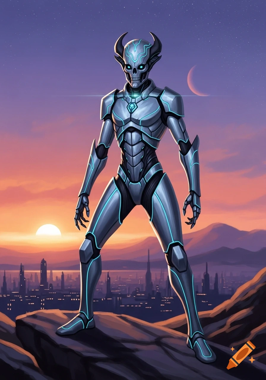 A silver-armored alien with a skull-like face and horns stands on a rocky hill overlooking a futuristic city at sunset with a crescent moon.