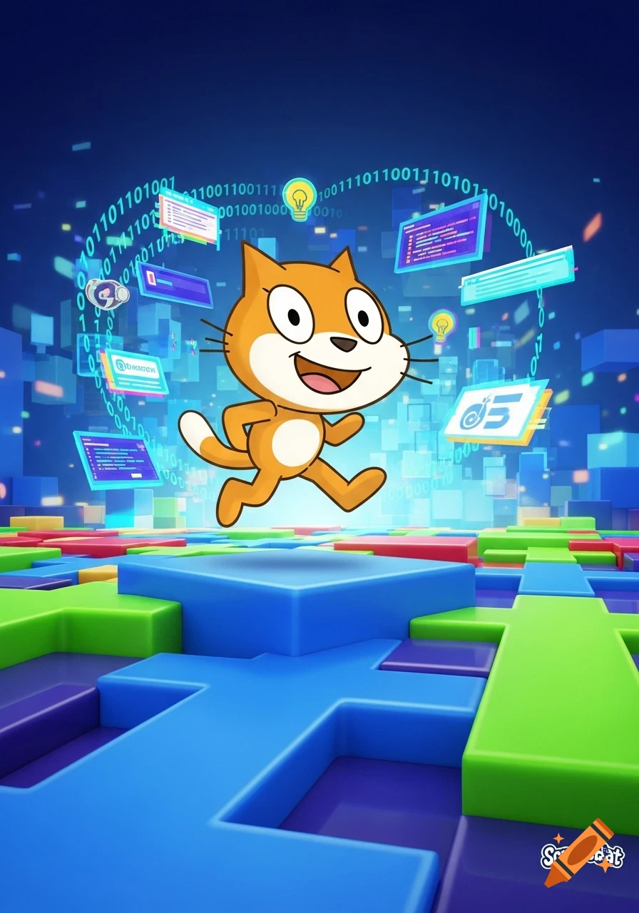 A cartoon orange and white Scratch Cat jumps over colorful 3D blocks, surrounded by binary code, lightbulbs, and abstract programming screens against a blue background.