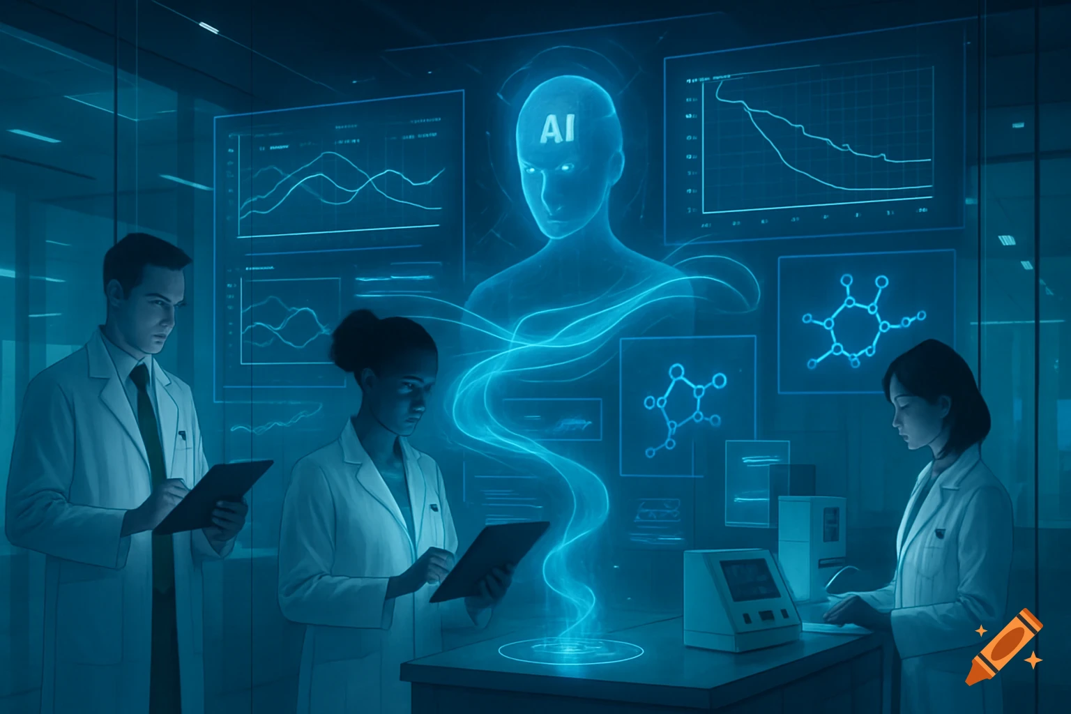 Three scientists in a futuristic lab examine glowing blue holographic data and an AI figure with 'AI' on its head.