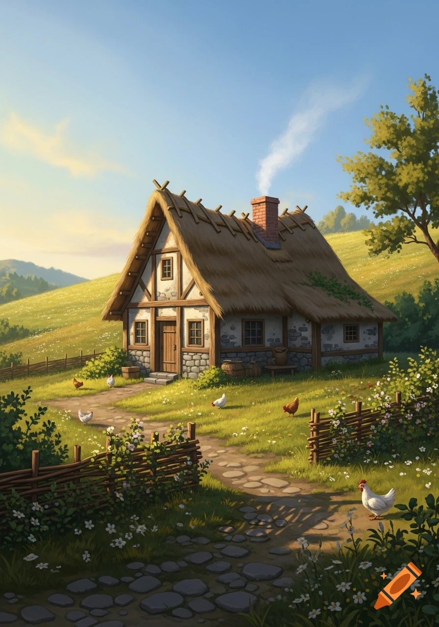 A charming, illustrative thatched-roof cottage with stone walls sits in ...
