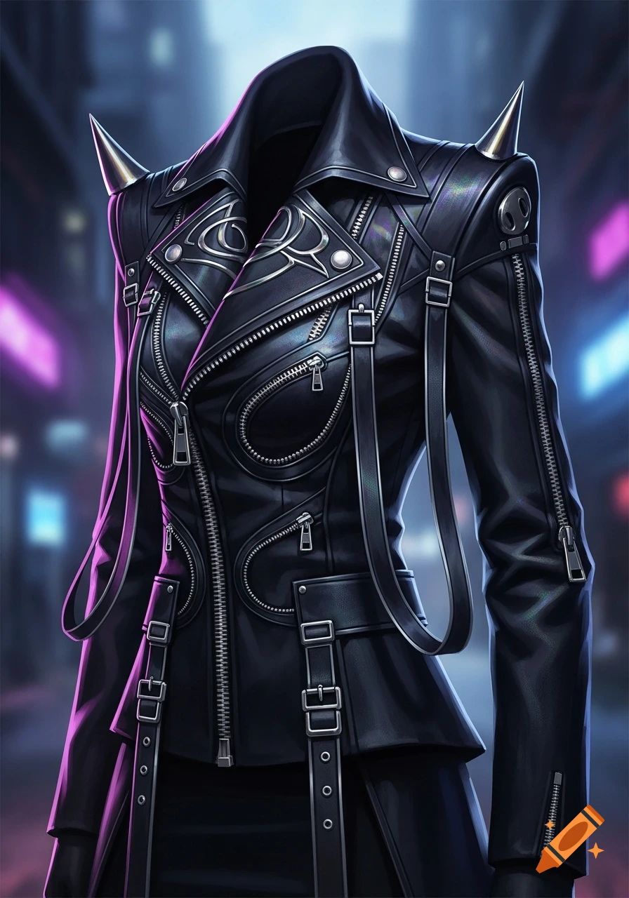 A detailed black leather jacket with spiked shoulders, intricate zippers, buckles, and straps in a dark, anime-style setting.