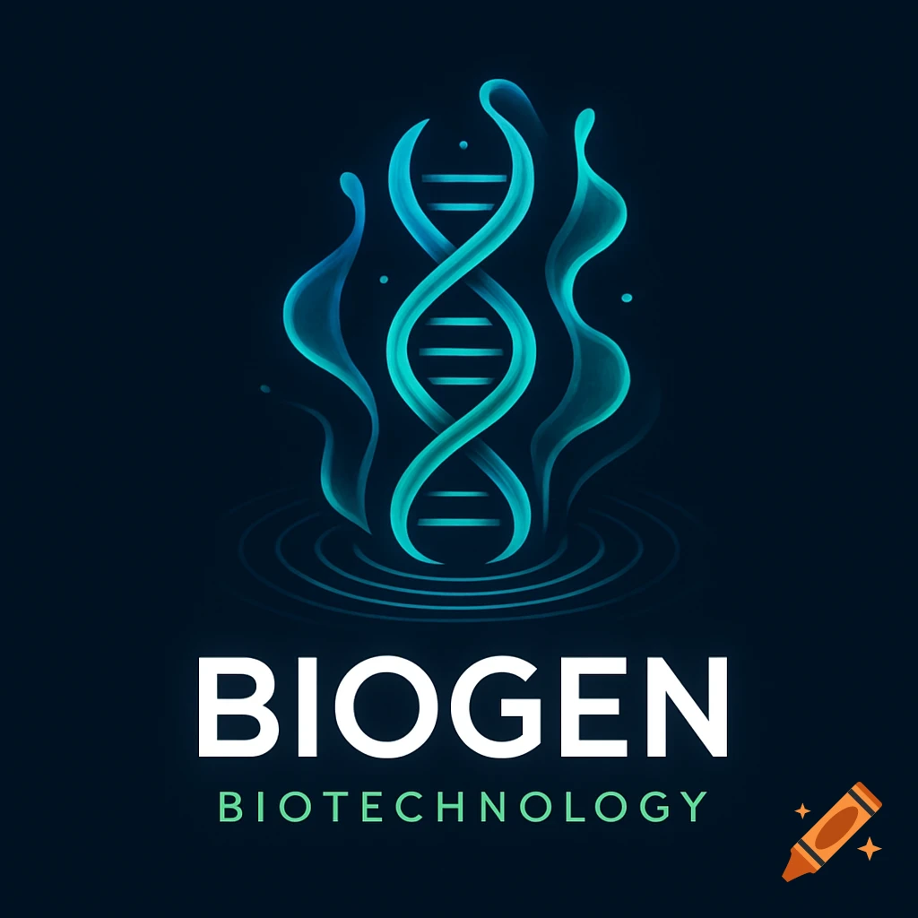 A modern abstract logo for BioGen Biotechnology featuring a glowing blue and teal DNA helix surrounded by swirling energy.