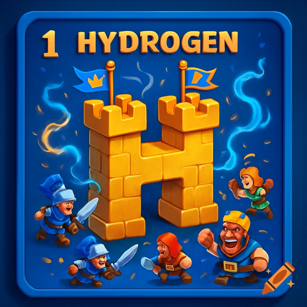 Cartoon game art element square for Hydrogen with a golden H-shaped castle and fantasy characters on a blue background.