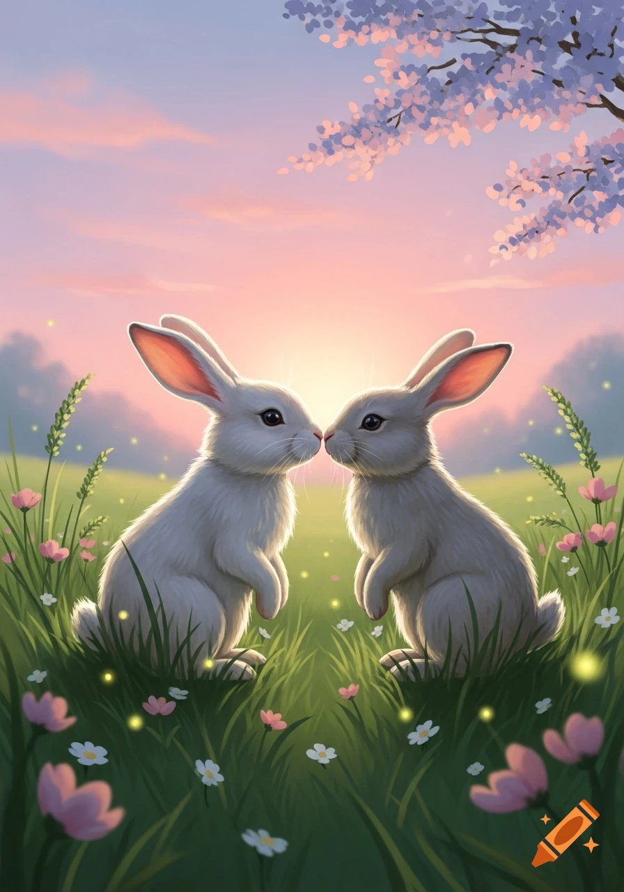 Two white bunnies touch noses in a grassy field with pink and white flowers under a pastel sunset sky with a blossoming tree.