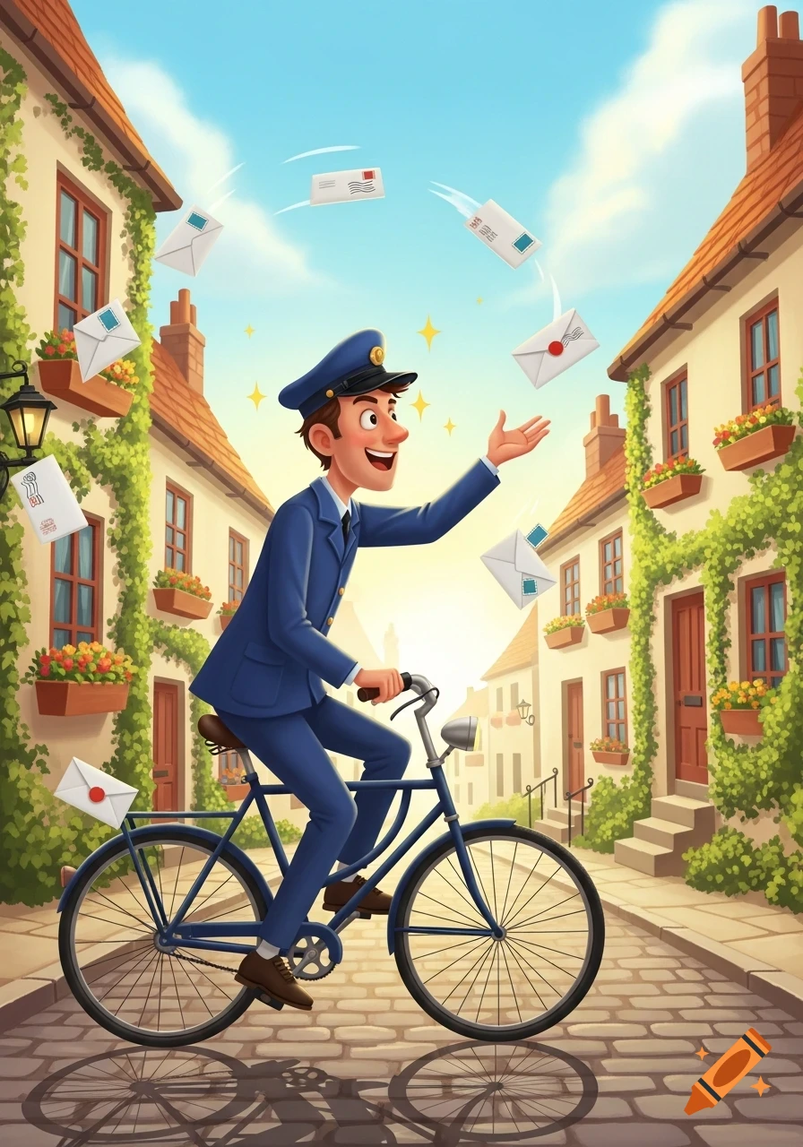 A cheerful cartoon postman in a blue uniform rides a bicycle down a cobblestone street, tossing letters into the air in a sunny, charming town illustration.