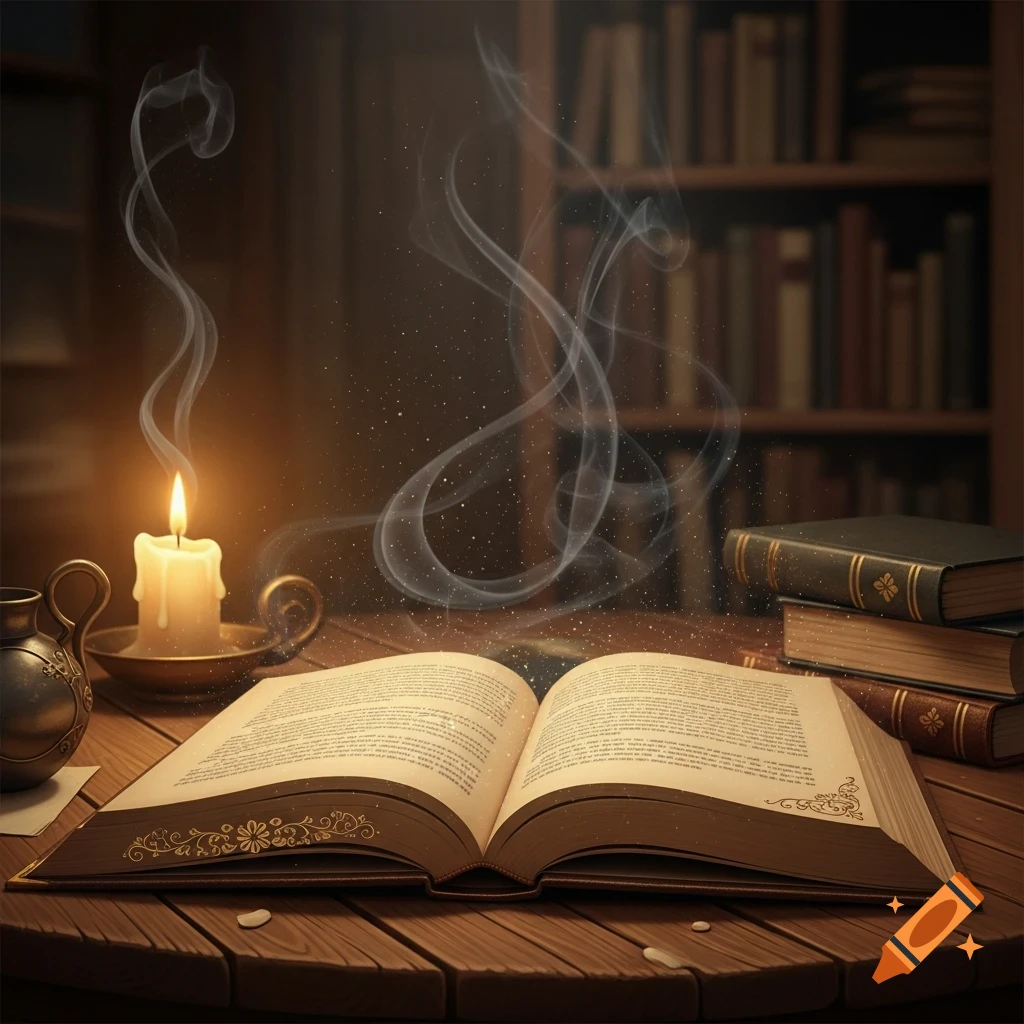 An open book on a wooden table with a lit candle, emanating magical smoke and particles, in a dim library.