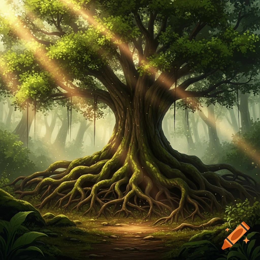 A majestic, ancient tree with sprawling roots in a sunlit forest ...