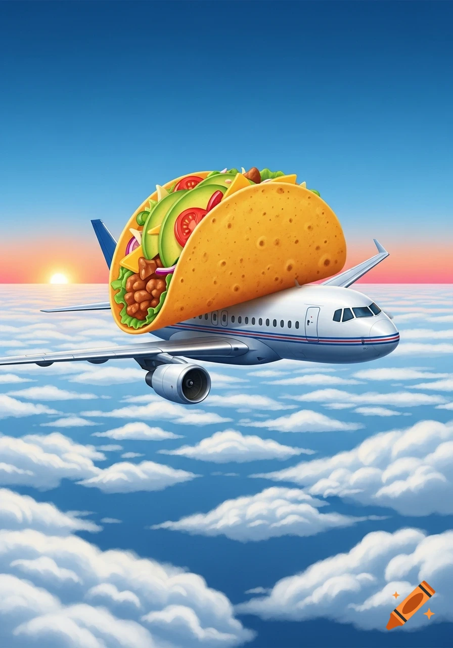 A cartoon illustration of a giant taco riding on the back of a commercial airplane flying above white clouds with a sunset horizon.