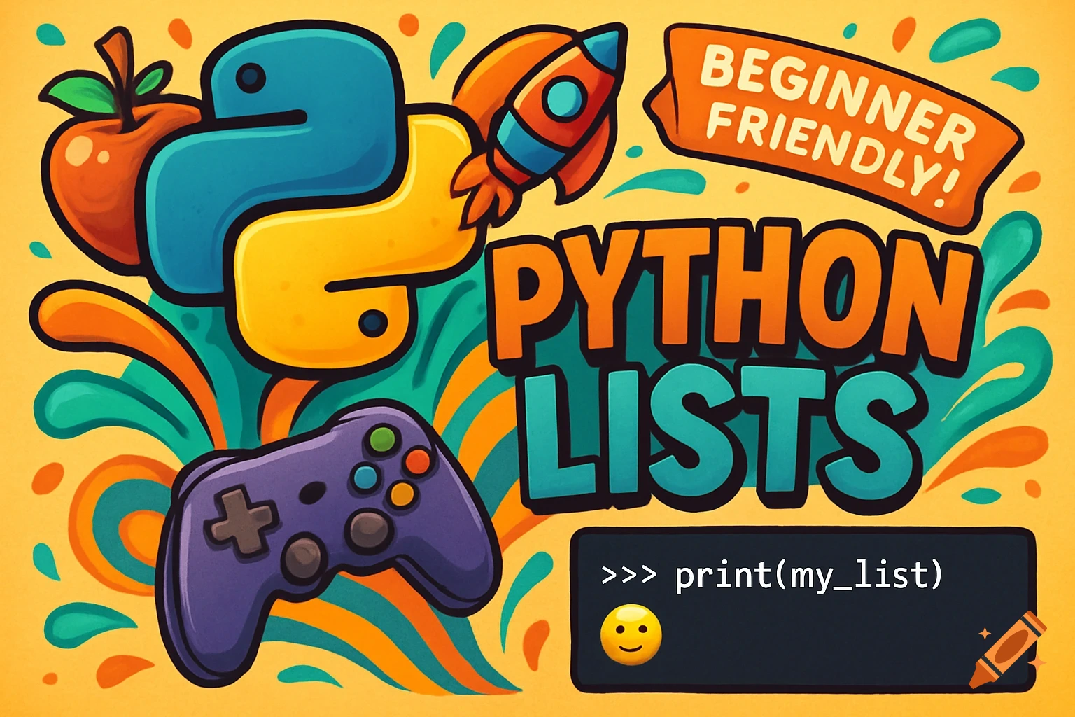 Vibrant cartoon illustration with the Python logo, apple, rocket, gamepad, 'PYTHON LISTS', 'BEGINNER FRIENDLY!' and `>>> print(my_list)`.