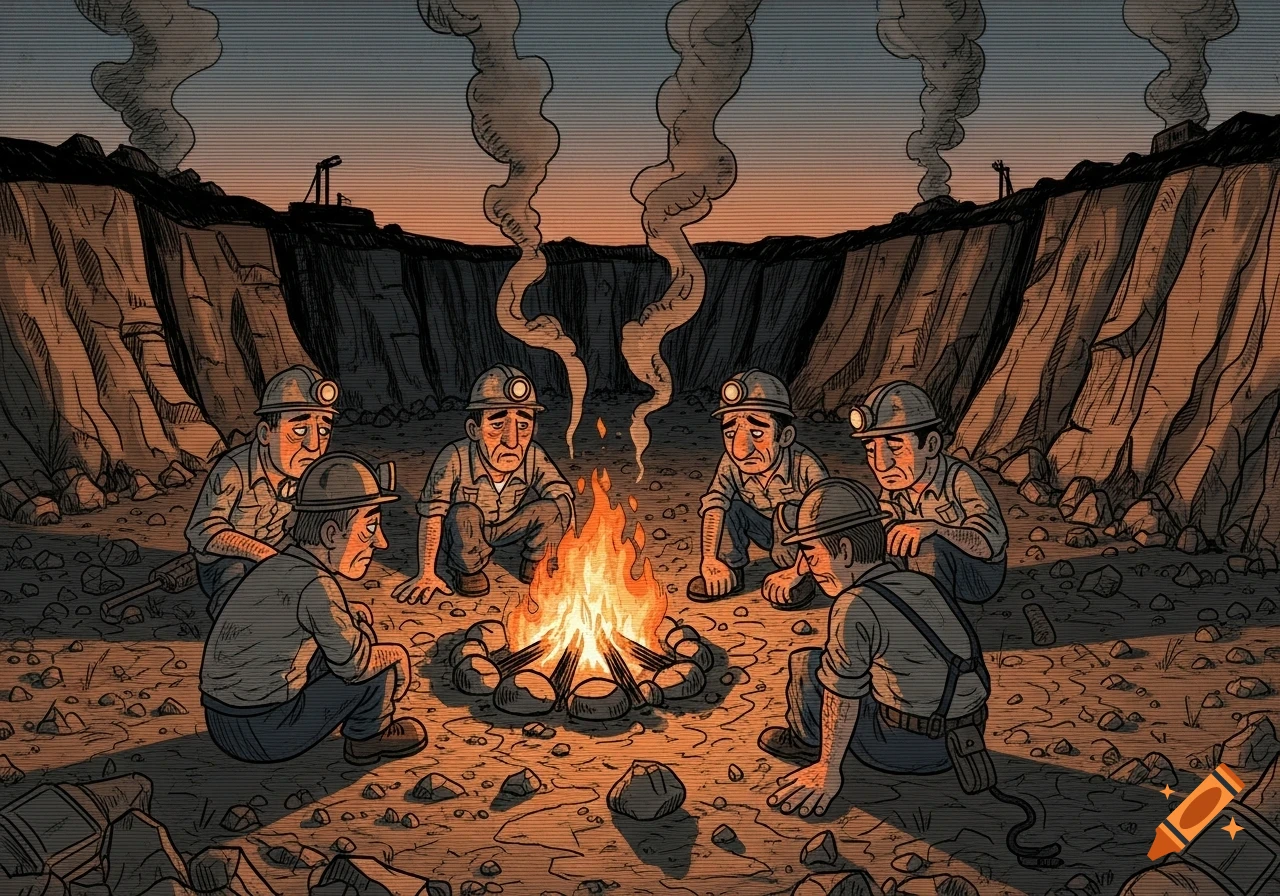 Cartoon miners in vintage clothing sit somberly around a trash fire in a mining pit at sunset, with retro VHS distortion lines.