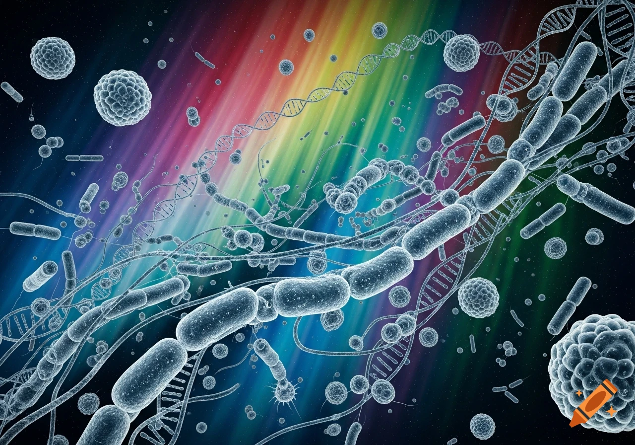 Microscopic view of various bacteria, viruses, and DNA strands floating against a vibrant rainbow-colored background.