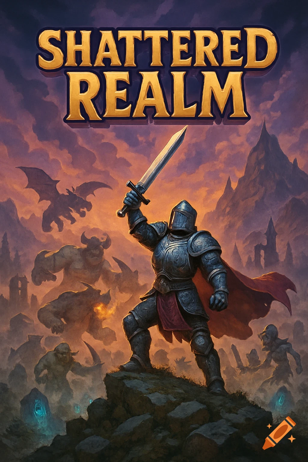 A knight in armor holds a sword aloft, facing monsters in a stormy fantasy landscape under the title 'SHATTERED REALM'.