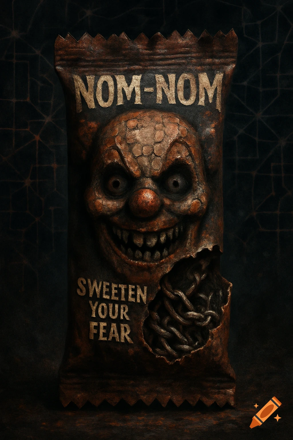 A dark, unsettling candy wrapper featuring a terrifying clown face, text 'NOM-NOM' and 'SWEETEN YOUR FEAR', with chains visible inside.