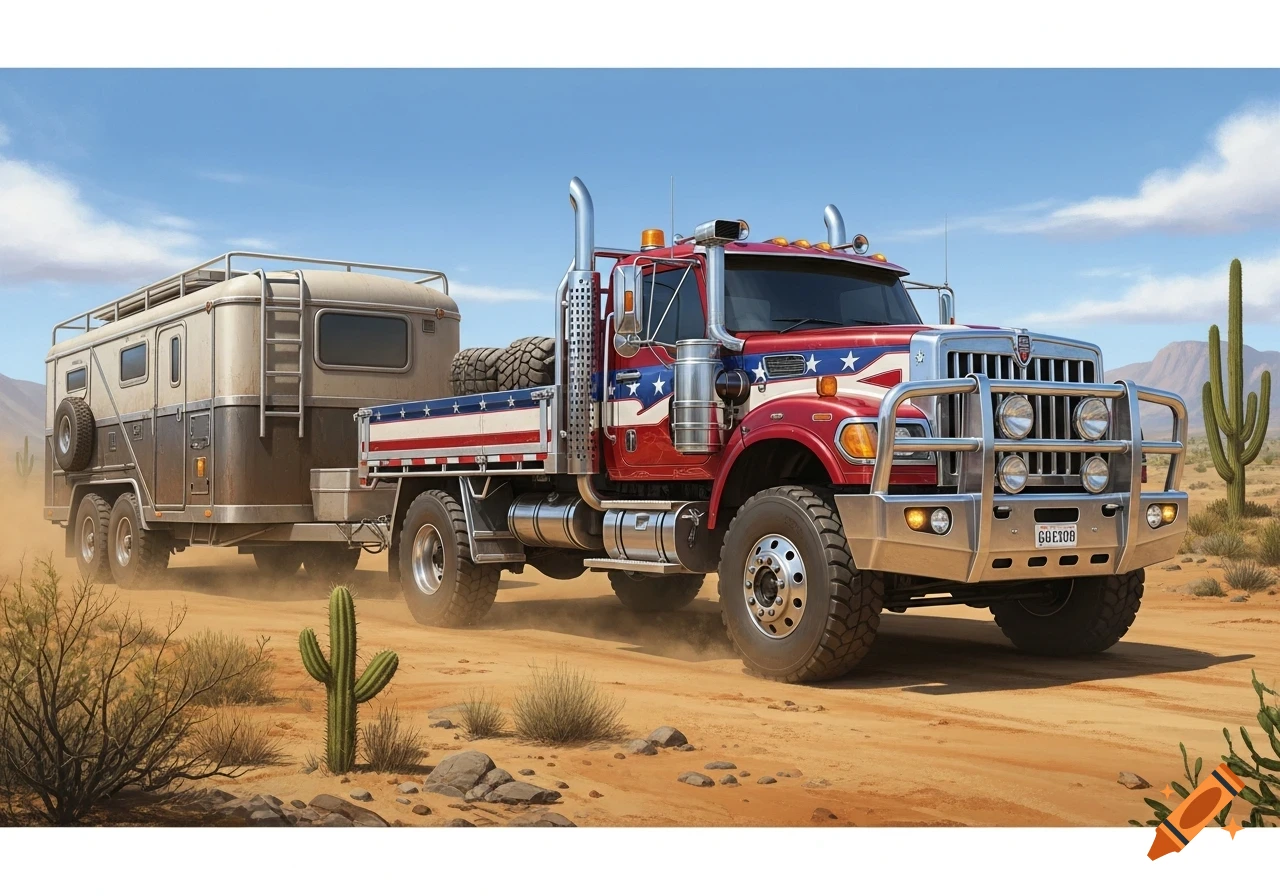 Photorealistic red, white, and blue 4x4 truck with a trailer driving on a dirt road through a sunny desert with cactuses.