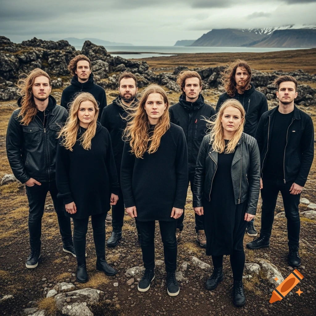 Eight people (four men, four women) in dark clothes stand in a windswept, rugged landscape with mountains and water.