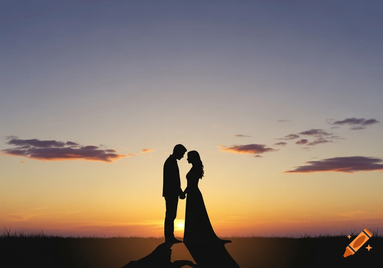 Silhouettes of a man and woman holding hands, facing each other against a vibrant orange and purple sunset sky.