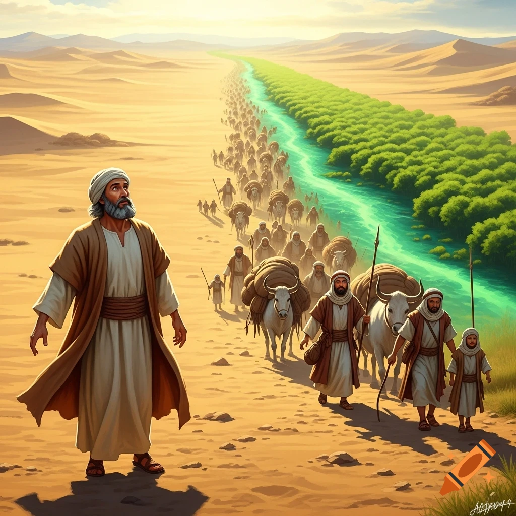 A man in robes leads a long caravan of people and oxen through a vast desert, following a vibrant green oasis and river.