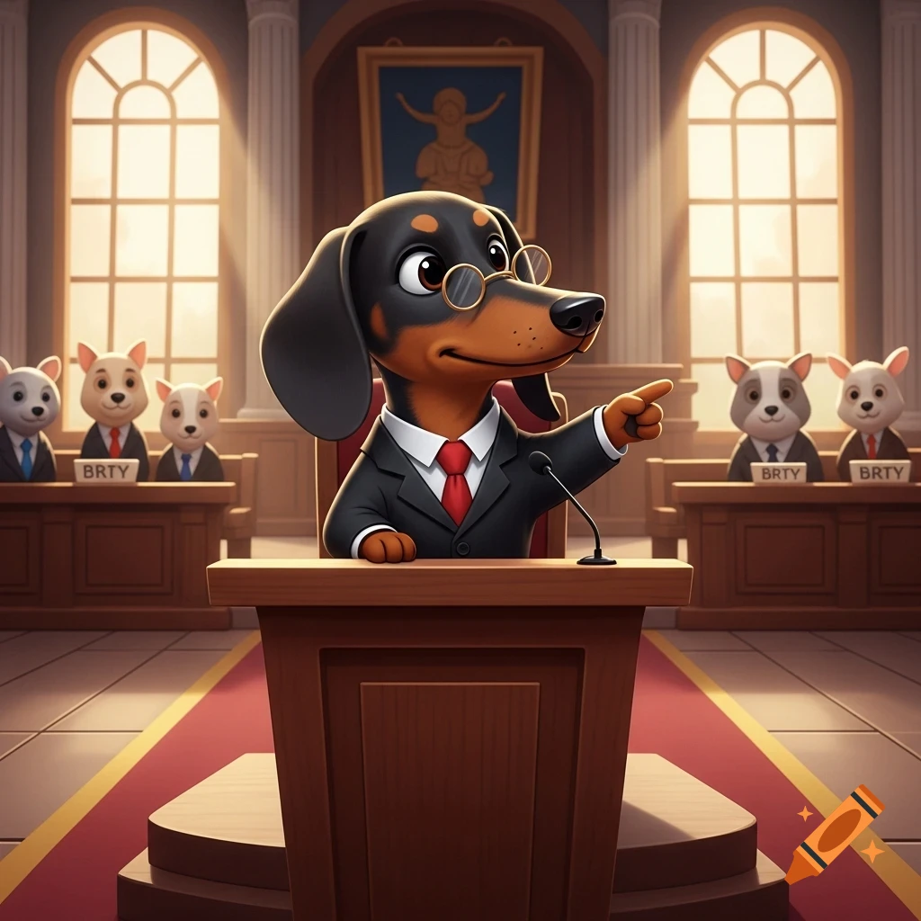 A cute cartoon dachshund dog lawyer wearing a suit and glasses stands at a podium in a courtroom, pointing.