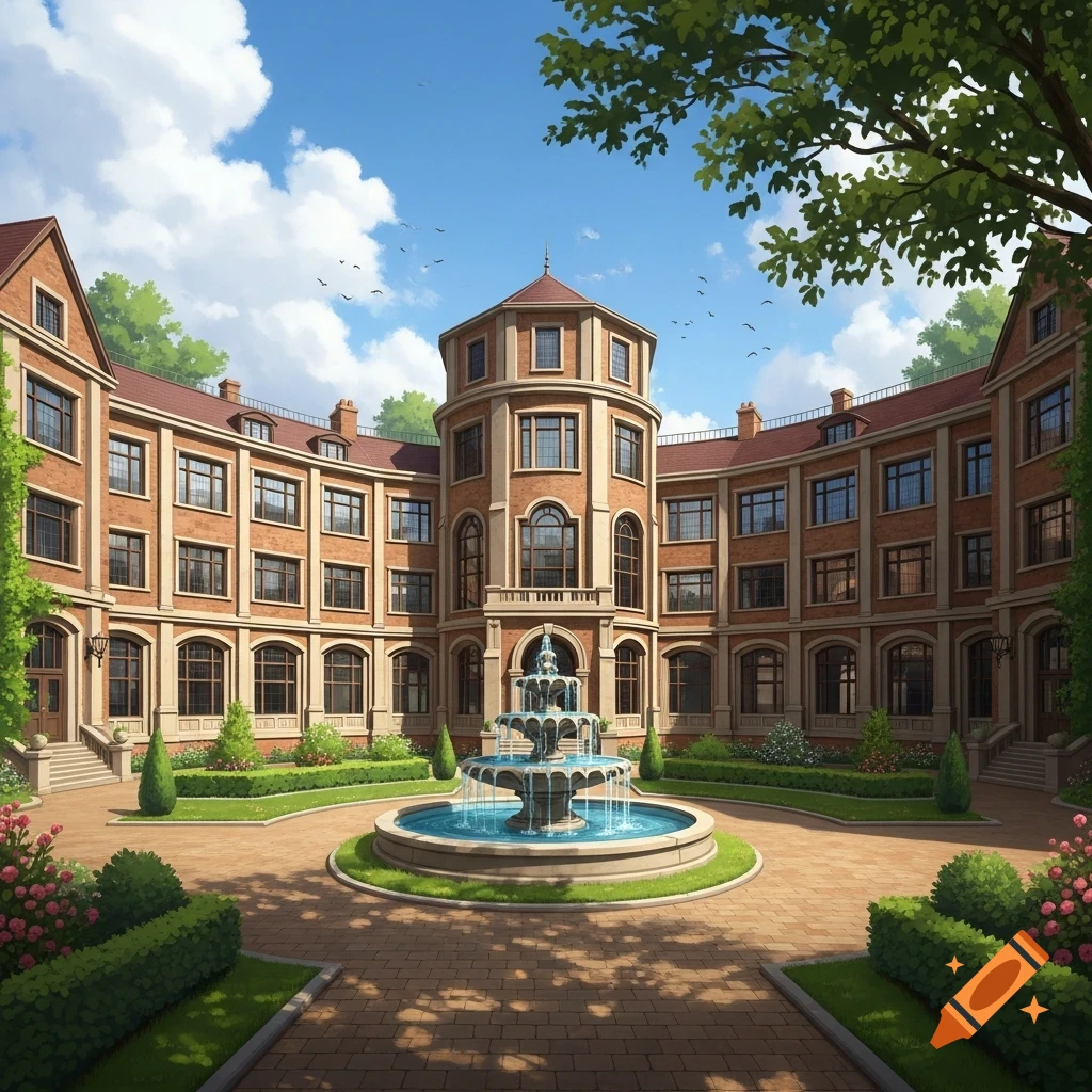 A detailed illustration of a grand old-fashioned brick boarding school courtyard with a large tiered fountain and manicured gardens.