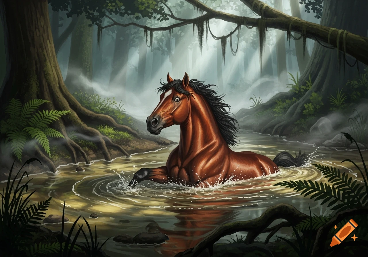 Illustrative painting of a brown horse with a black mane partially submerged and splashing in murky swamp water amidst a dense forest.