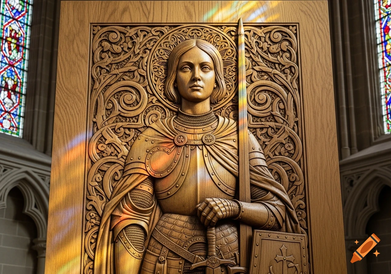 Detailed wood carving of Joan of Arc in armor, holding a sword and shield, illuminated by colorful light from stained glass.