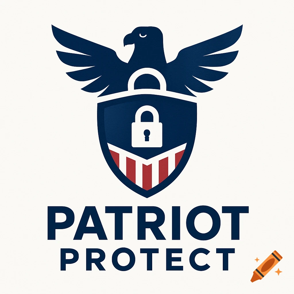 A stylized blue eagle flying above a shield featuring a white padlock and red and white stripes, with "PATRIOT PROTECT" text below.