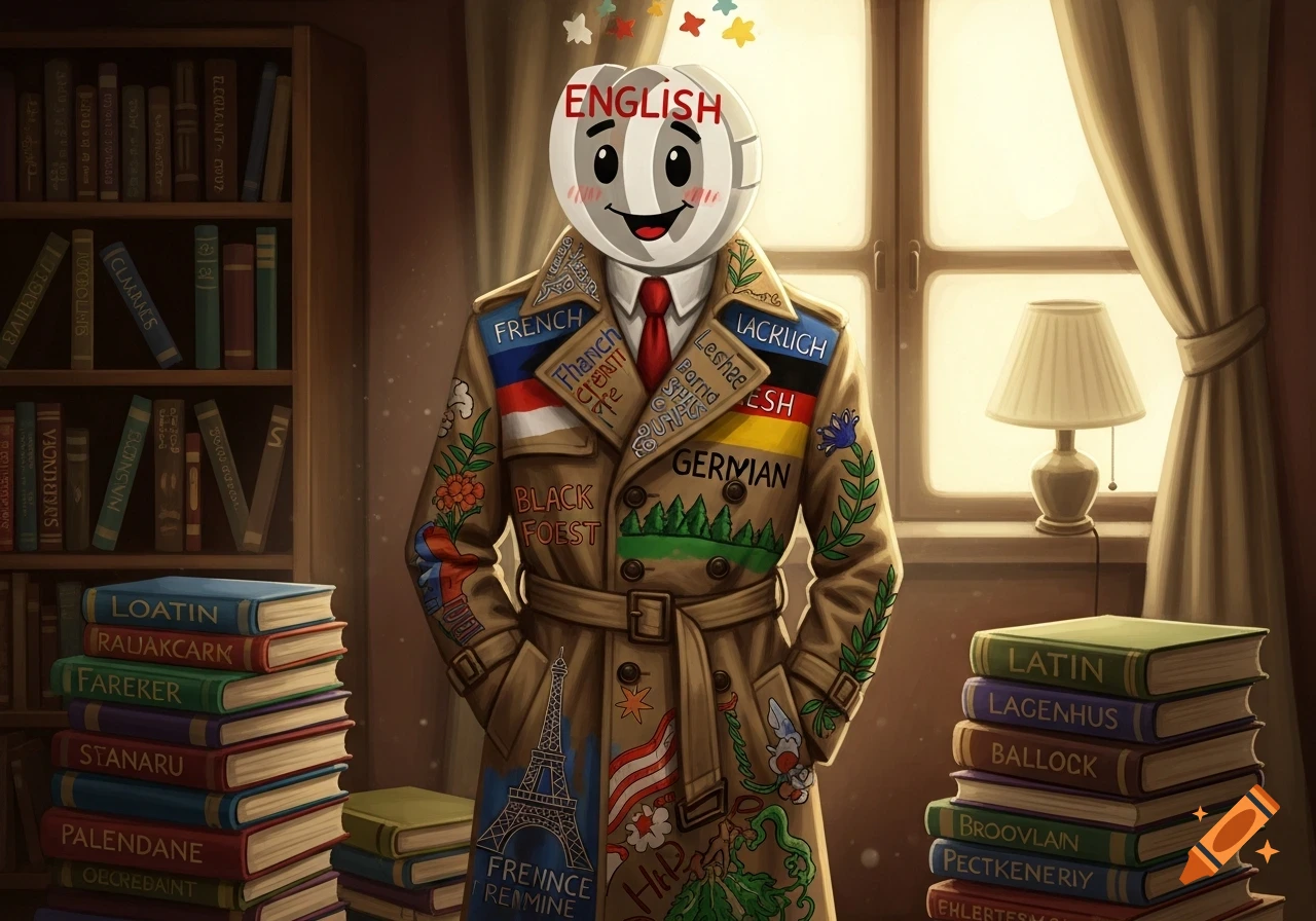 A cartoon character with a white volleyball for a head, labeled 'ENGLISH', wears a trench coat decorated with flags and labels like 'FRENCH' and 'GERMAN', surrounded by stacks of books with garbled titles in a library-like room.
