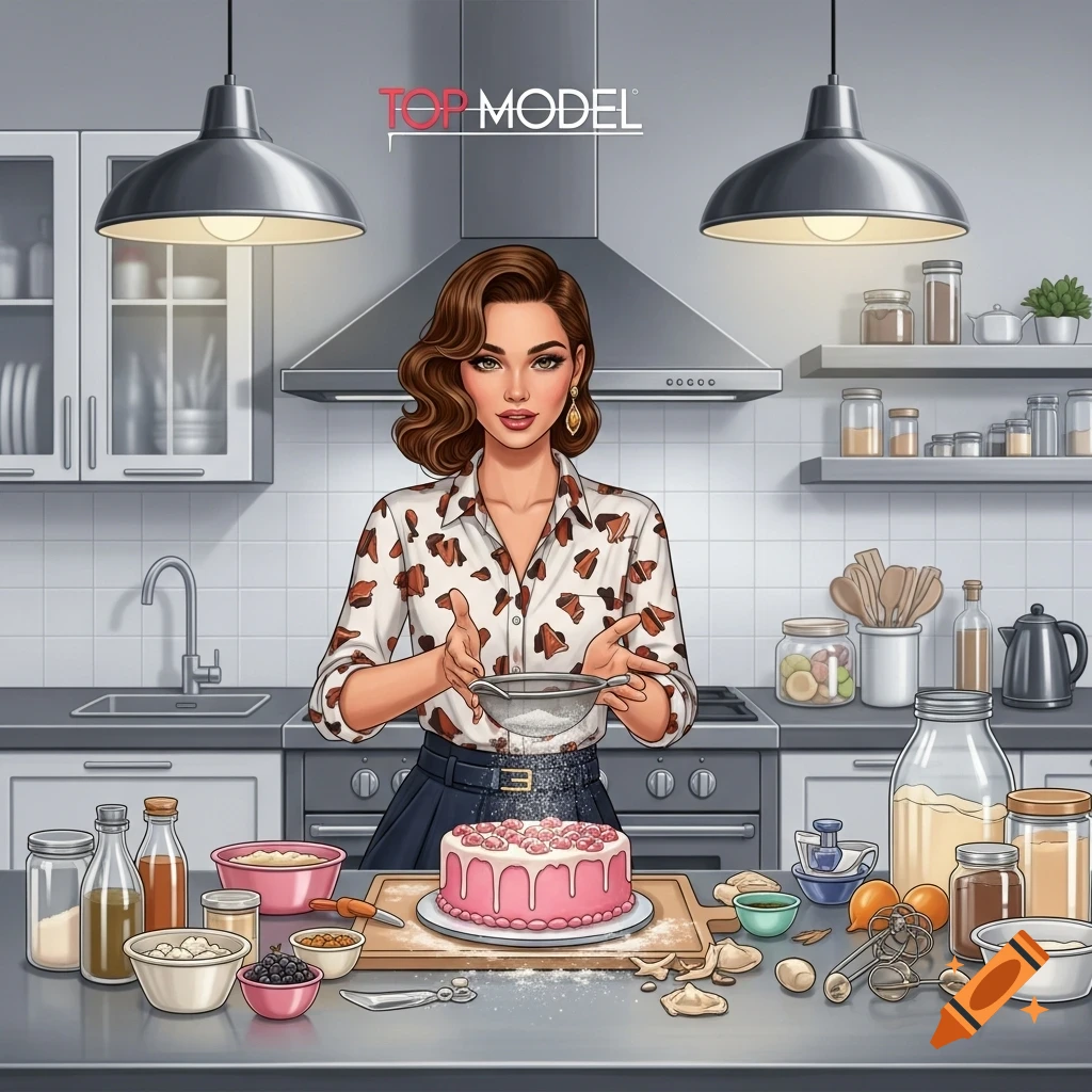An illustrated stylish woman sifts powder onto a pink cake, surrounded by baking ingredients in a modern kitchen.
